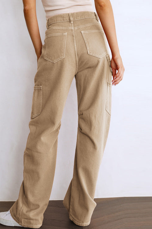 High Waist Straight Leg Cargo Pants with Pockets
